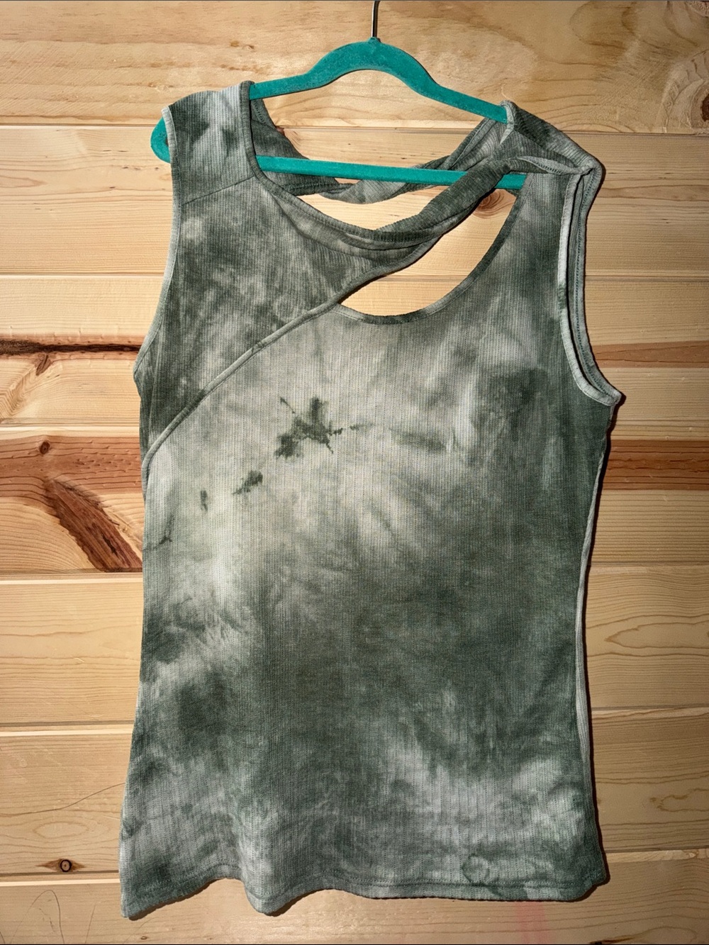 Tie-Dye Olive Green Cutout Ribbed Tank Top